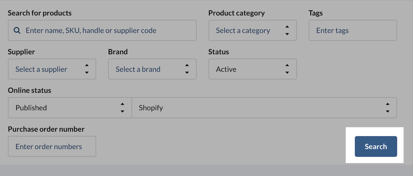 Filtres permettant de rechercher des produits, le bouton Rechercher est mis en évidence.