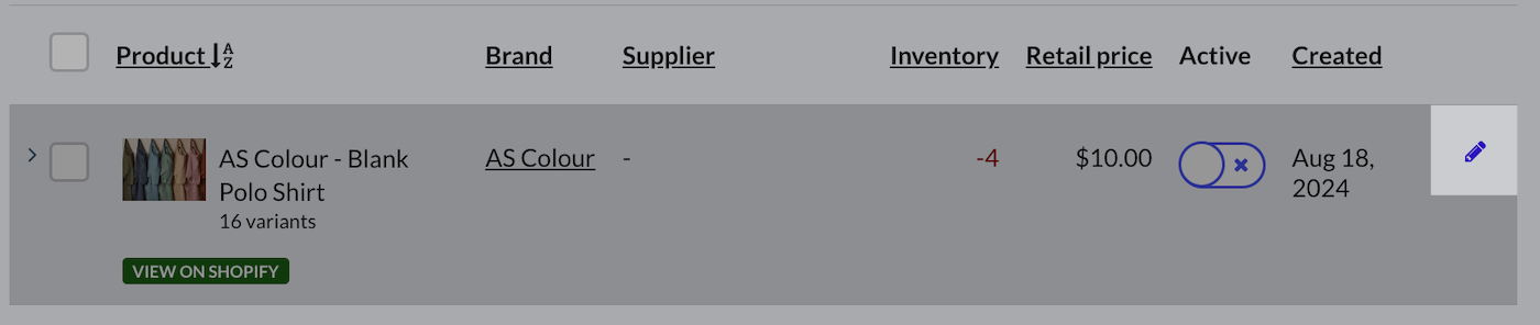 Produit sur la page Produits, l’icône de crayon permettant de le modifier est mise en évidence.