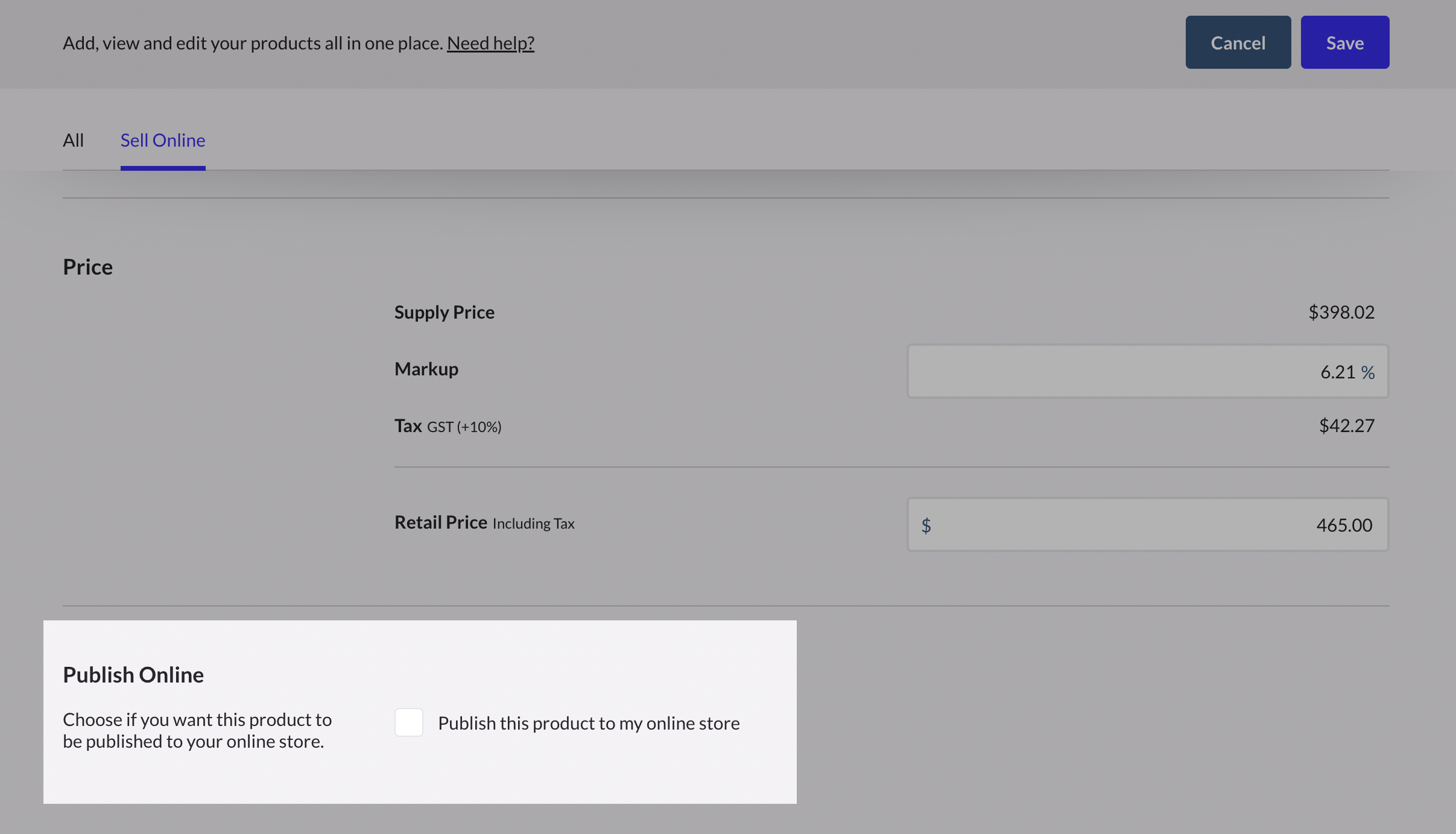 Page Modifier le produit, la section Publier en ligne est mise en évidence.