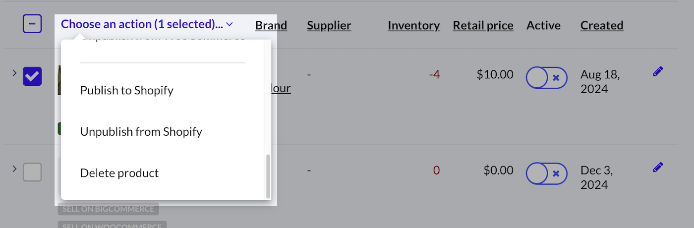 Menu Choisir une action, les options Publier sur Shopify, Retirer de Shopify et Supprimer les produits sont visibles.