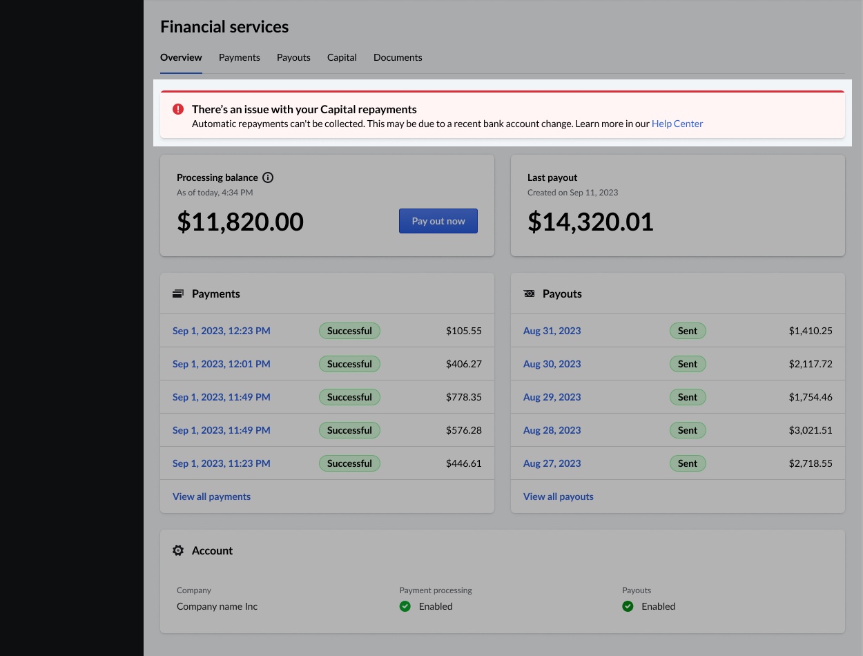 Image de l’onglet Aperçu de la page Gestion financière de PDV détaillants. Une bannière rouge contenant le message Un problème est survenu avec vos remboursements Capital Lightspeed est mise en surbrillance.