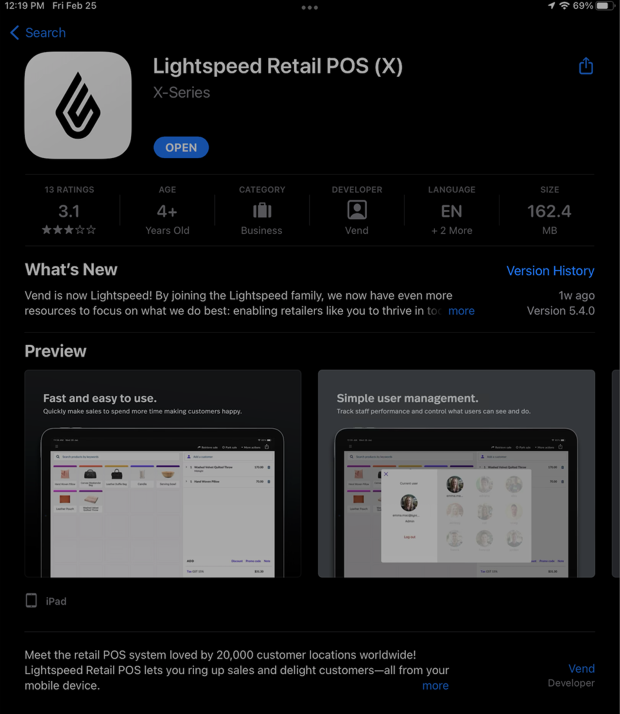 Page de l’application iOS PDV Lightspeed détaillants (X) sur l’App Store