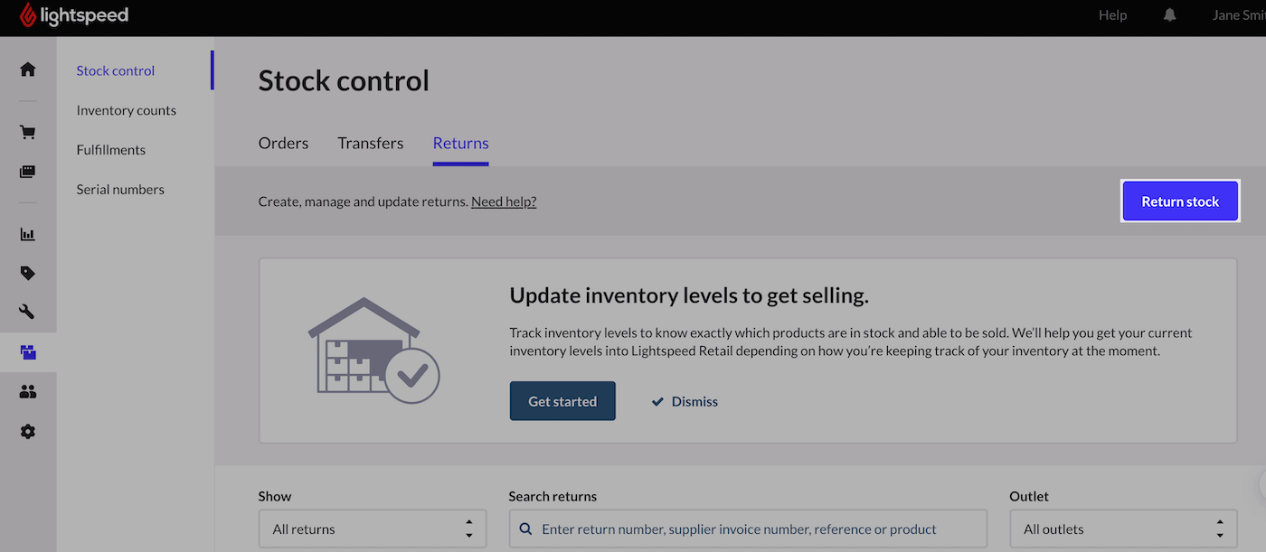 Page Gestion des stocks, le bouton Retourner des stocks est mis en évidence