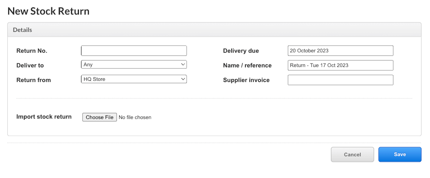 Page Nouveau retour de stock avec des exemples de renseignements