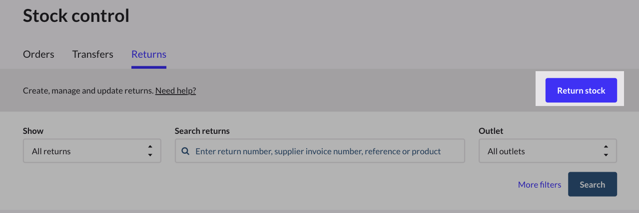 Page Gestion des stocks, le bouton Retourner des stocks est mis en évidence