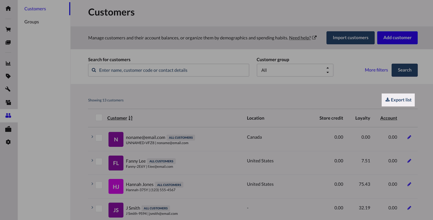 Page Clients, le bouton Exporter la liste est mis en évidence.