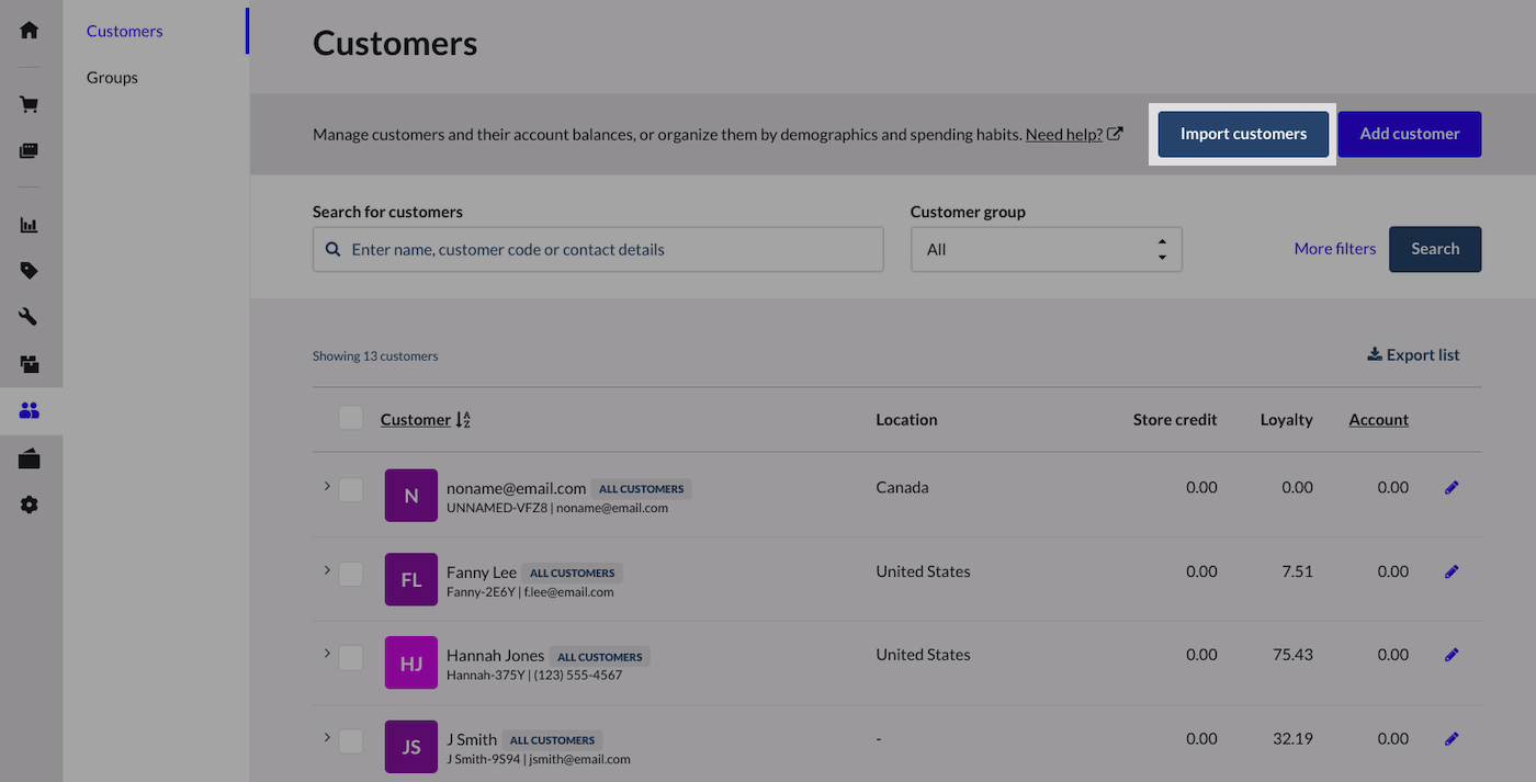 Page Clients, le bouton Importer des clients est mis en évidence.