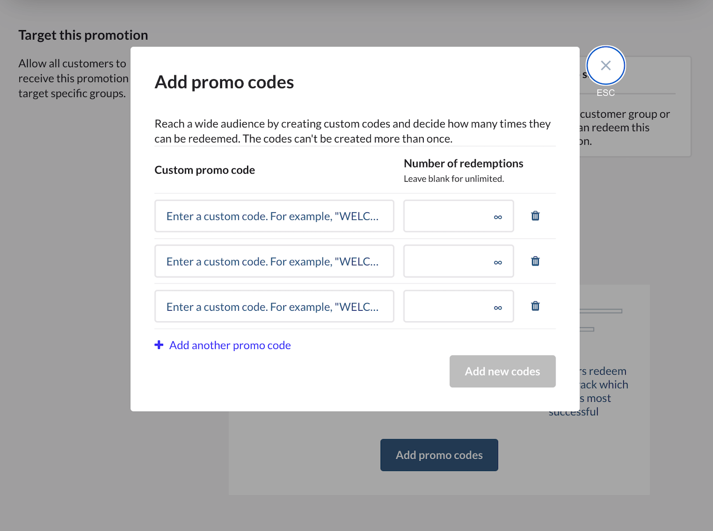 Écran de saisie des codes promotionnels