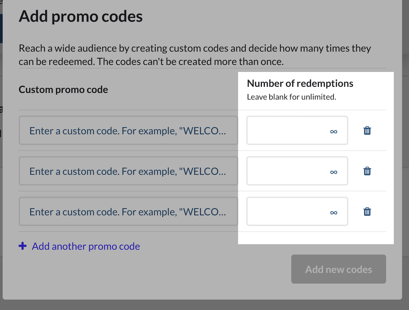 Fenêtre permettant d’ajouter une limite d’échanges pour les codes promotionnels