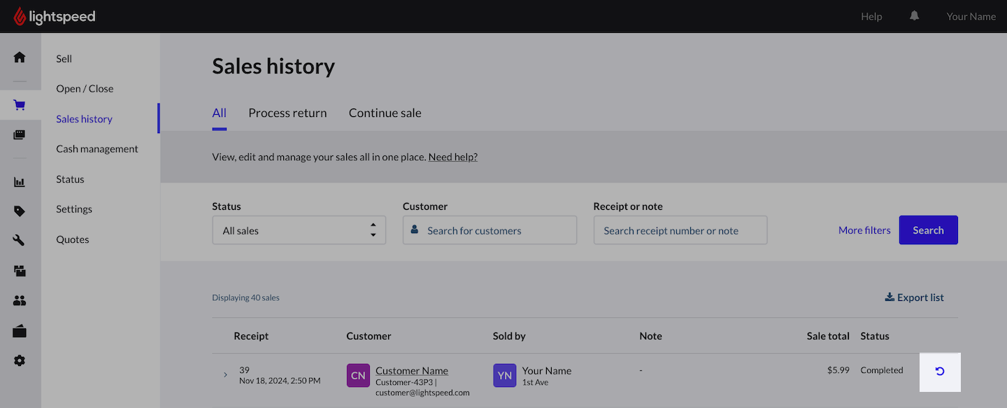 Sales history page showing return transaction with reverse arrow icon emphasized.