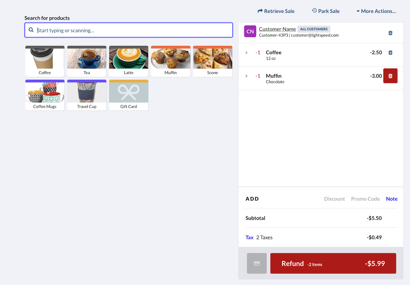 Sales page with customer attached to sale, showing Refund option.