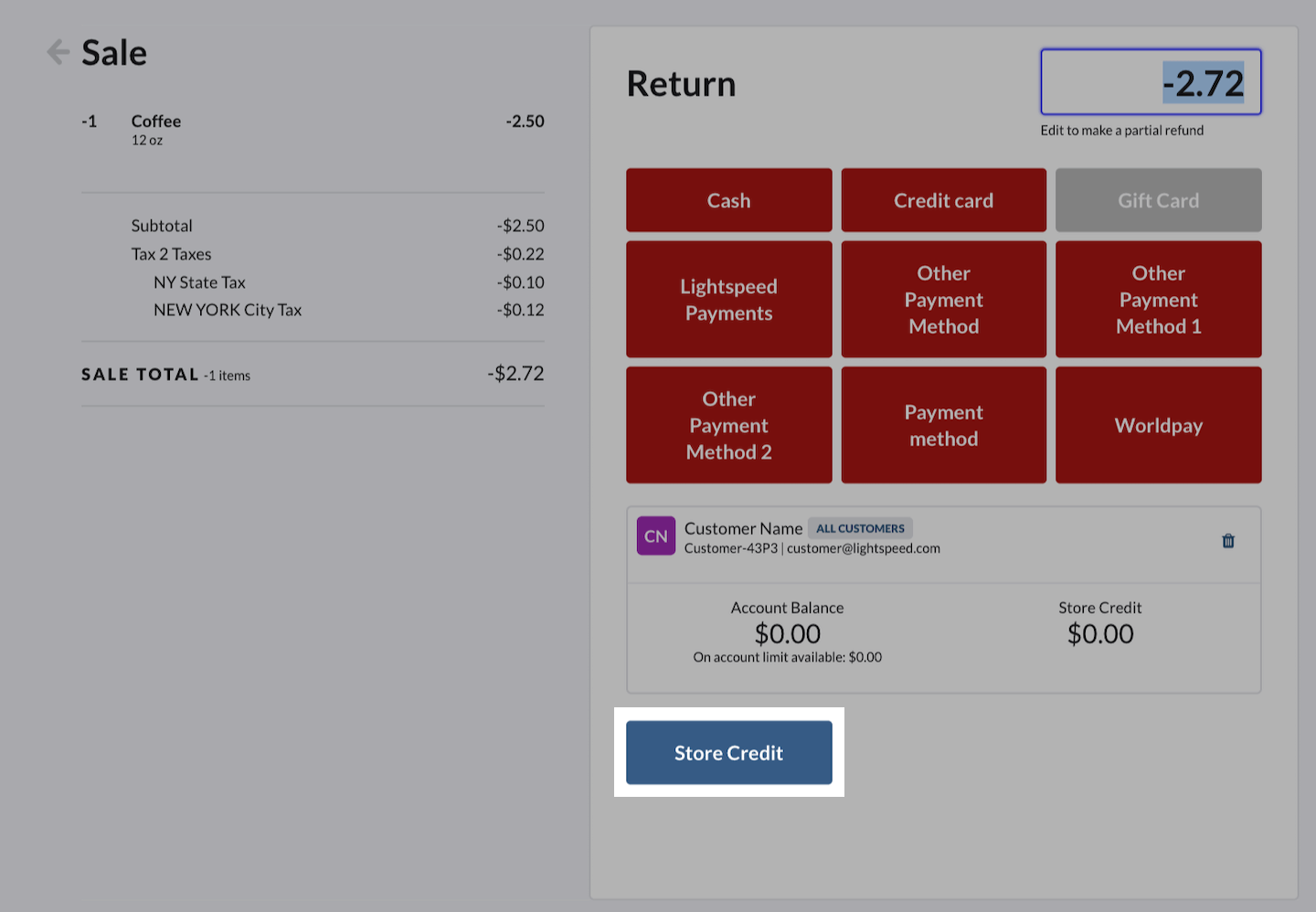 Return page with Store Credit option emphasized.