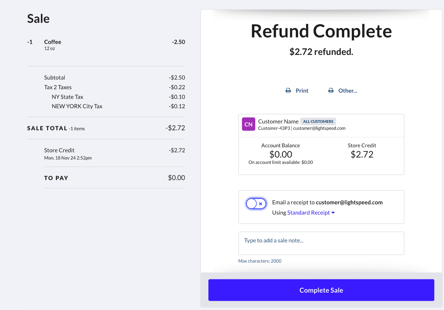 Refund Complete page showing overview of return transaction and option to Complete Sale.