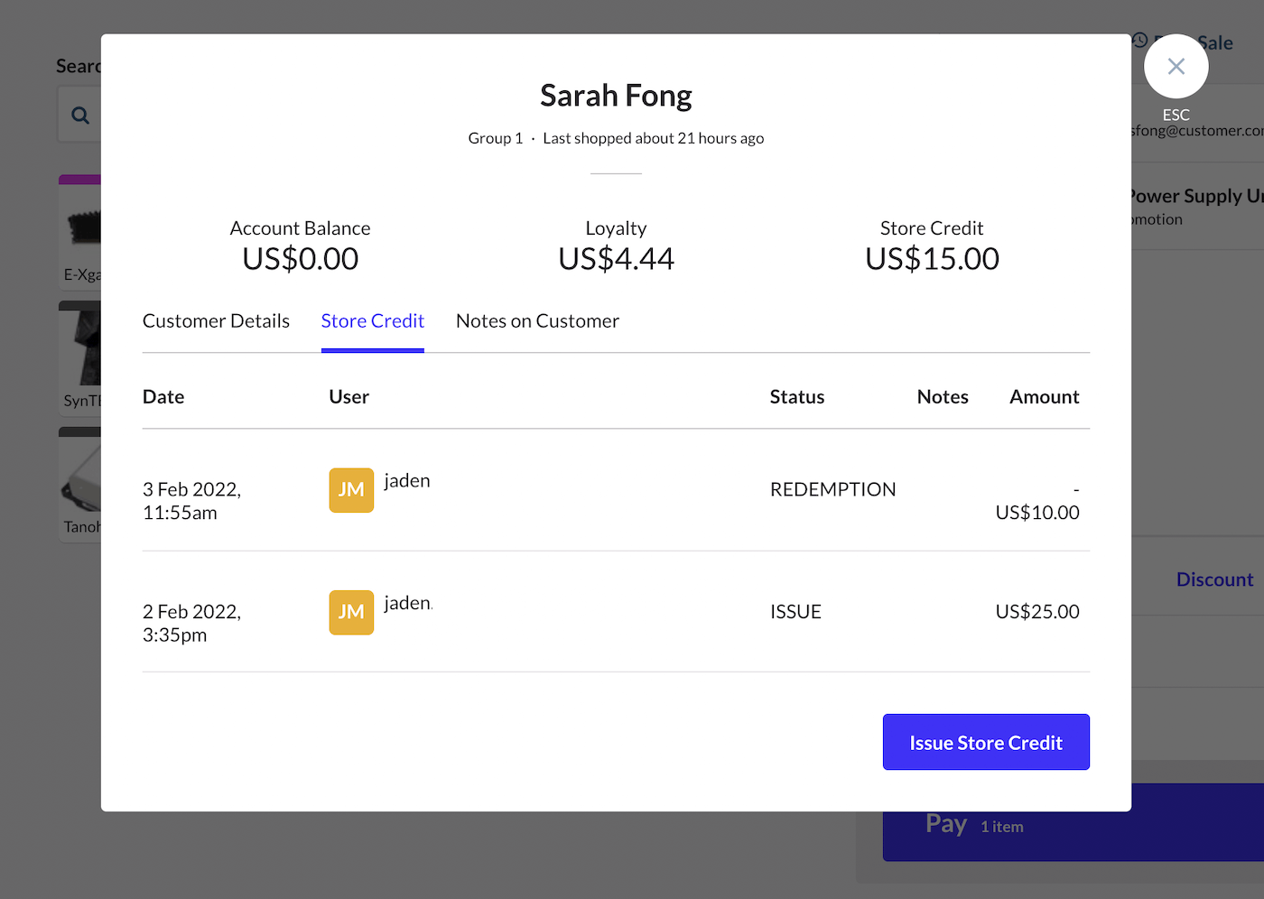 Customer details window with Store credit tab