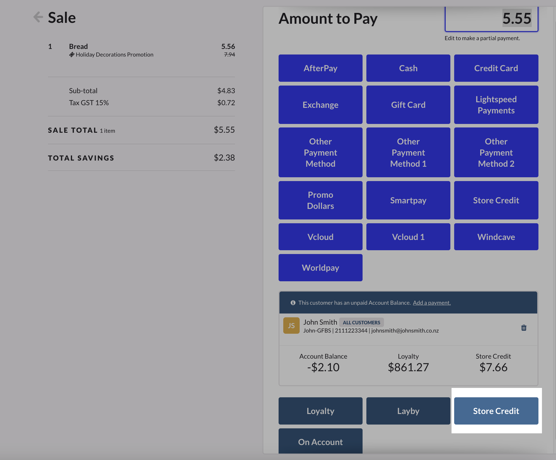 Payment screen with Store credit emphasized.