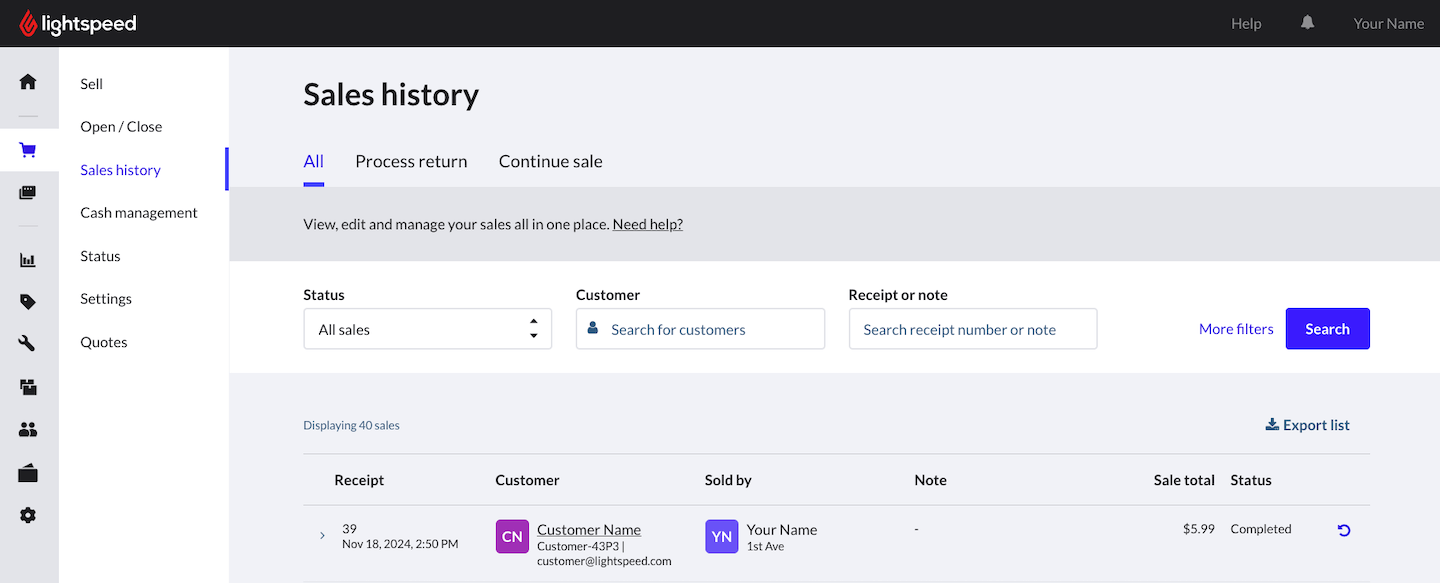 Sales history page.