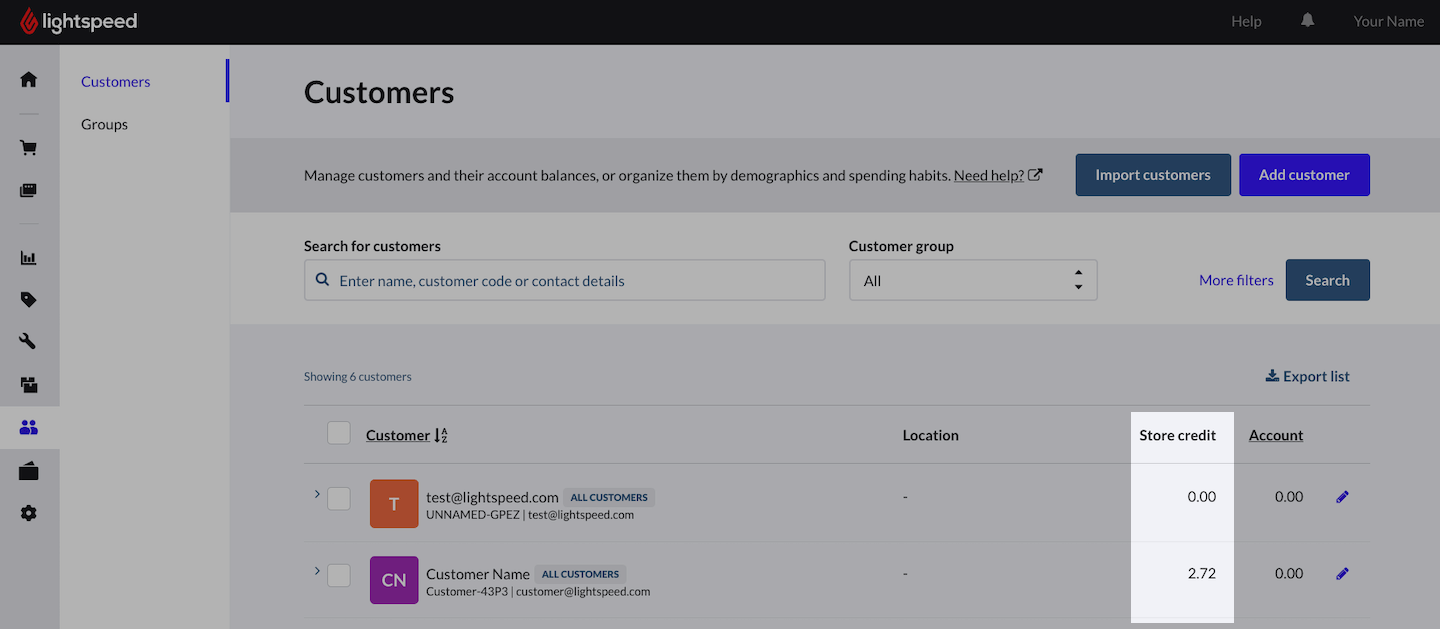 Customers page with Store credit column emphasized.