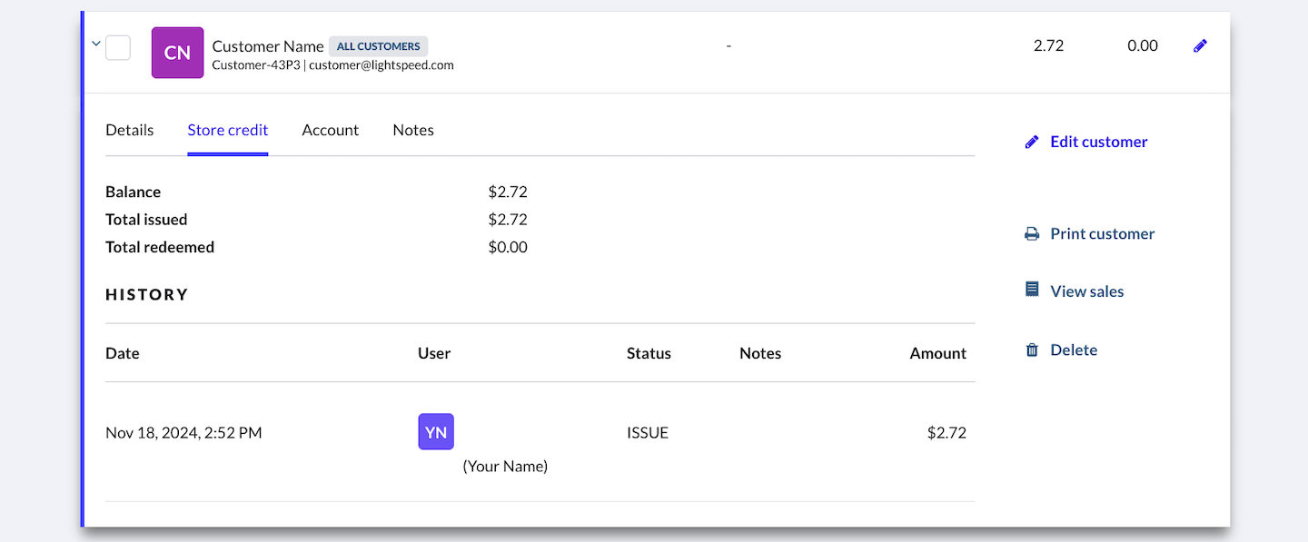 Store credit tab for an individual customer.