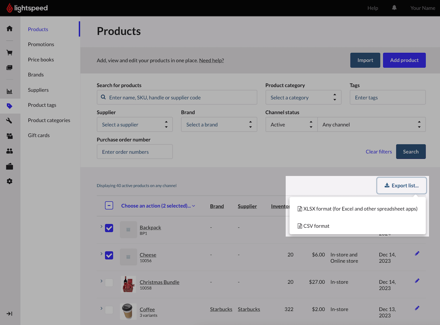 Export list dropdown showing file type options.