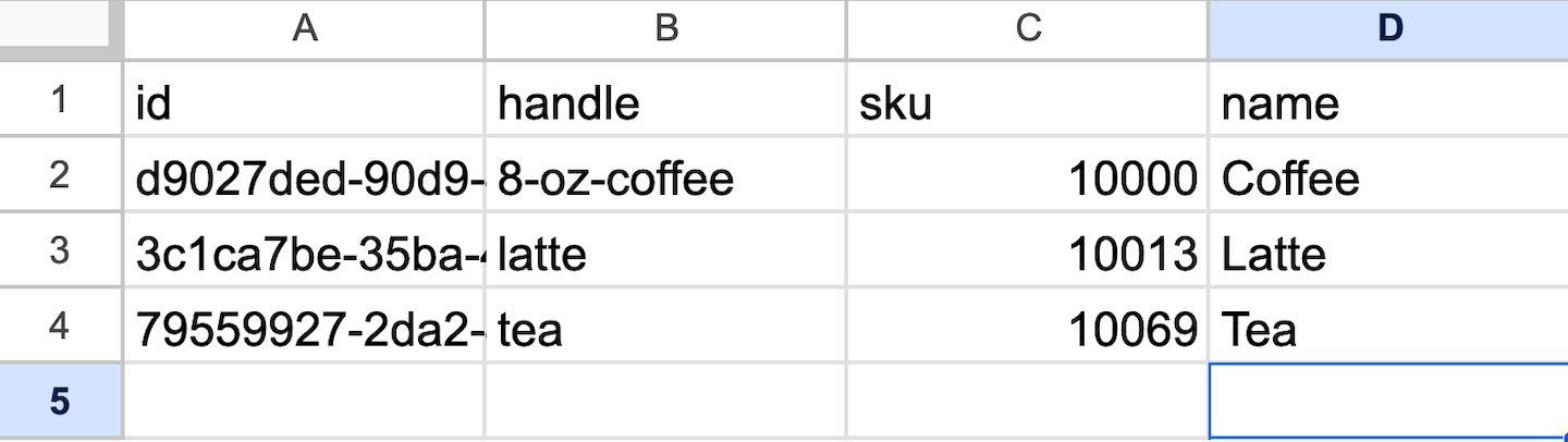 Spreadsheet with only id, handle, SKU, and name columns displayed.