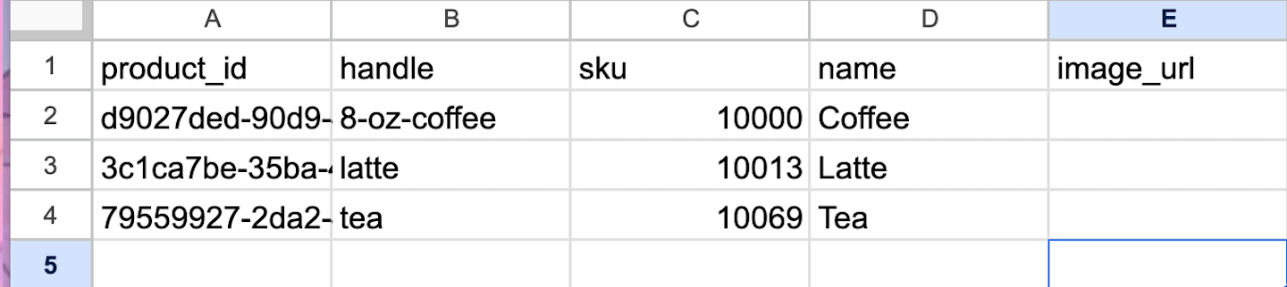 Spreadsheet with product_id, handle, SKU, name, and image_url columns displayed.