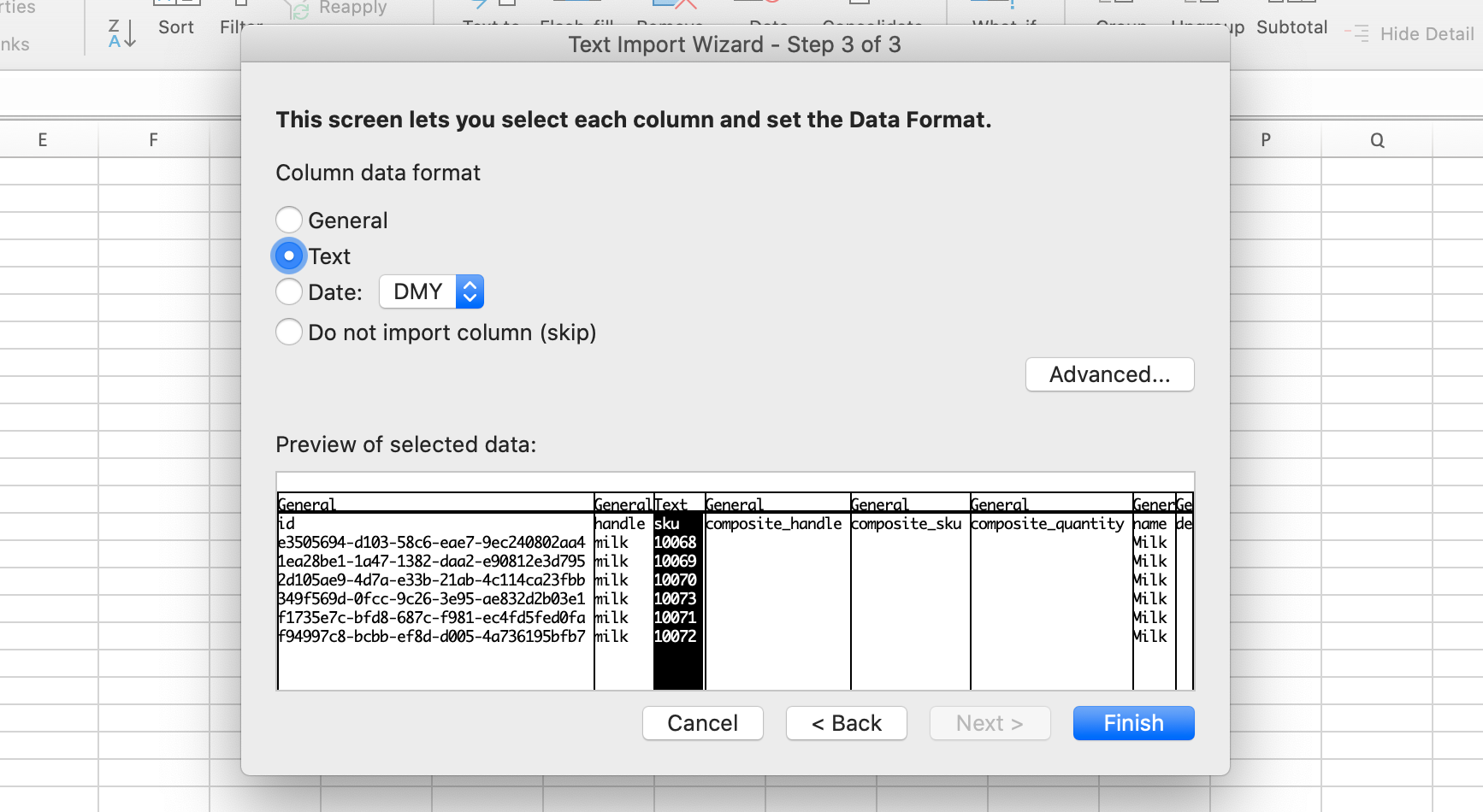 SKU column changed to Column data format.