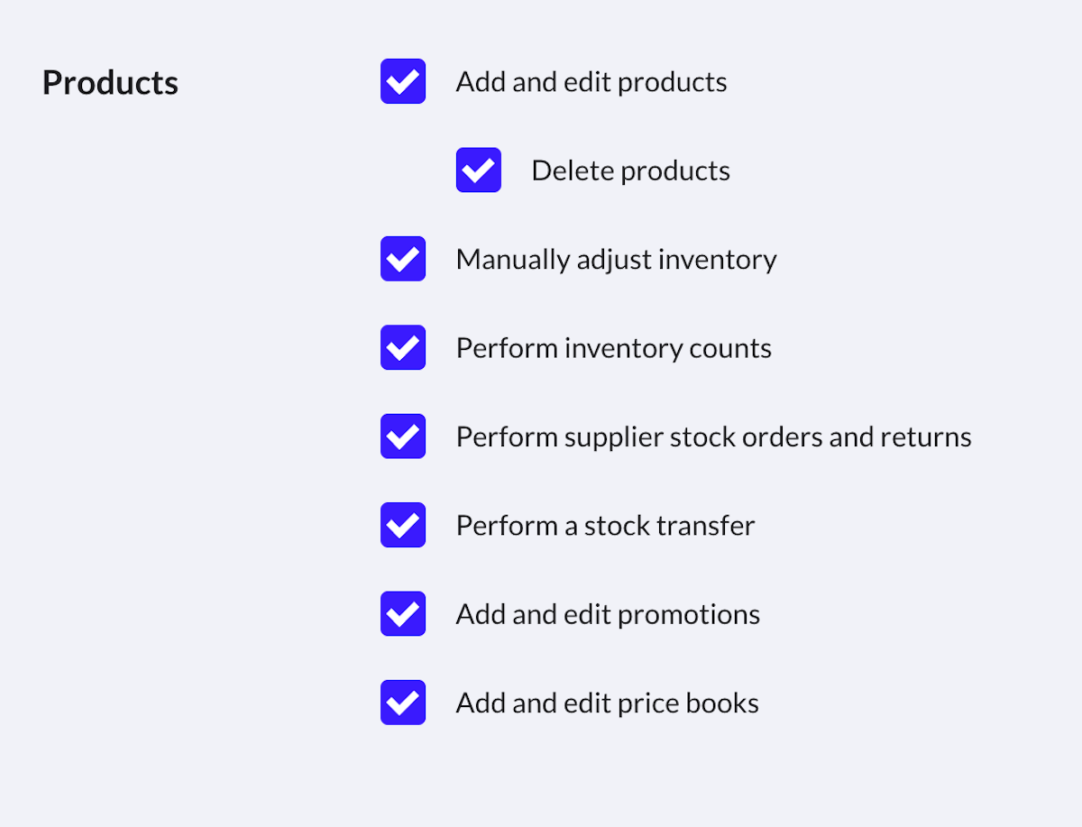 Section Produits montrant les options activées Ajouter et modifier des produits, Supprimer des produits, Ajuster les stocks manuellement, Effectuer des dénombrements des stocks, Effectuer des retours et commandes de stocks auprès des fournisseurs, et autres options permettant d’effectuer des actions sur les stocks.