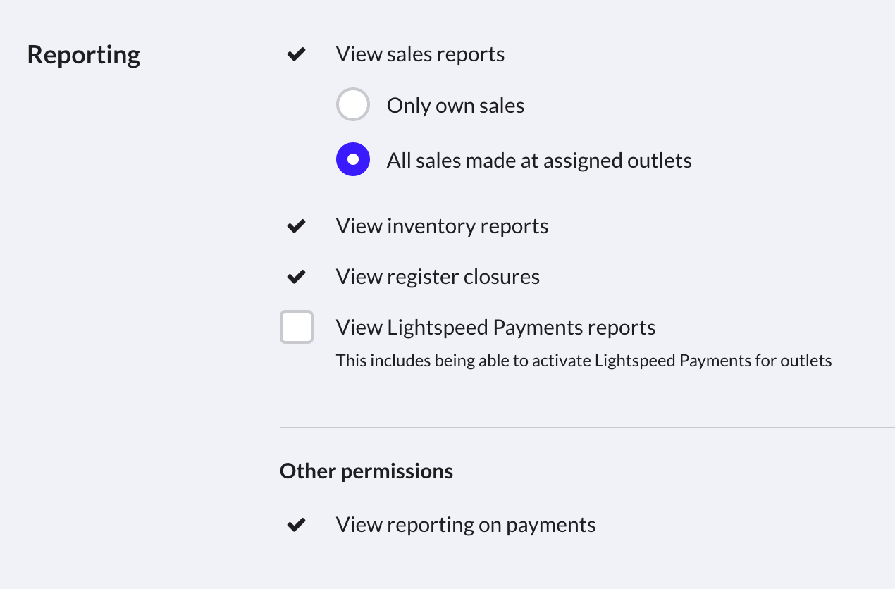 Section Rapports montrant les options Afficher les rapports de vente et Voir les rapports Paiements Lightspeed