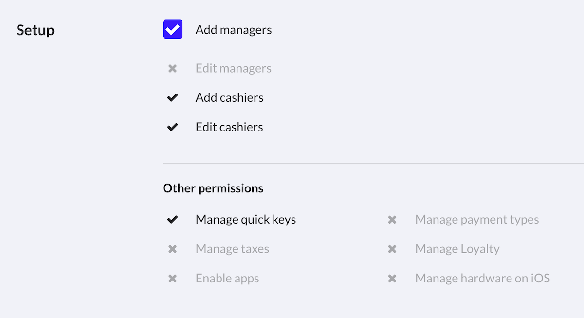 Section Configuration montrant les options verrouillées pour les caissiers et les gestionnaires