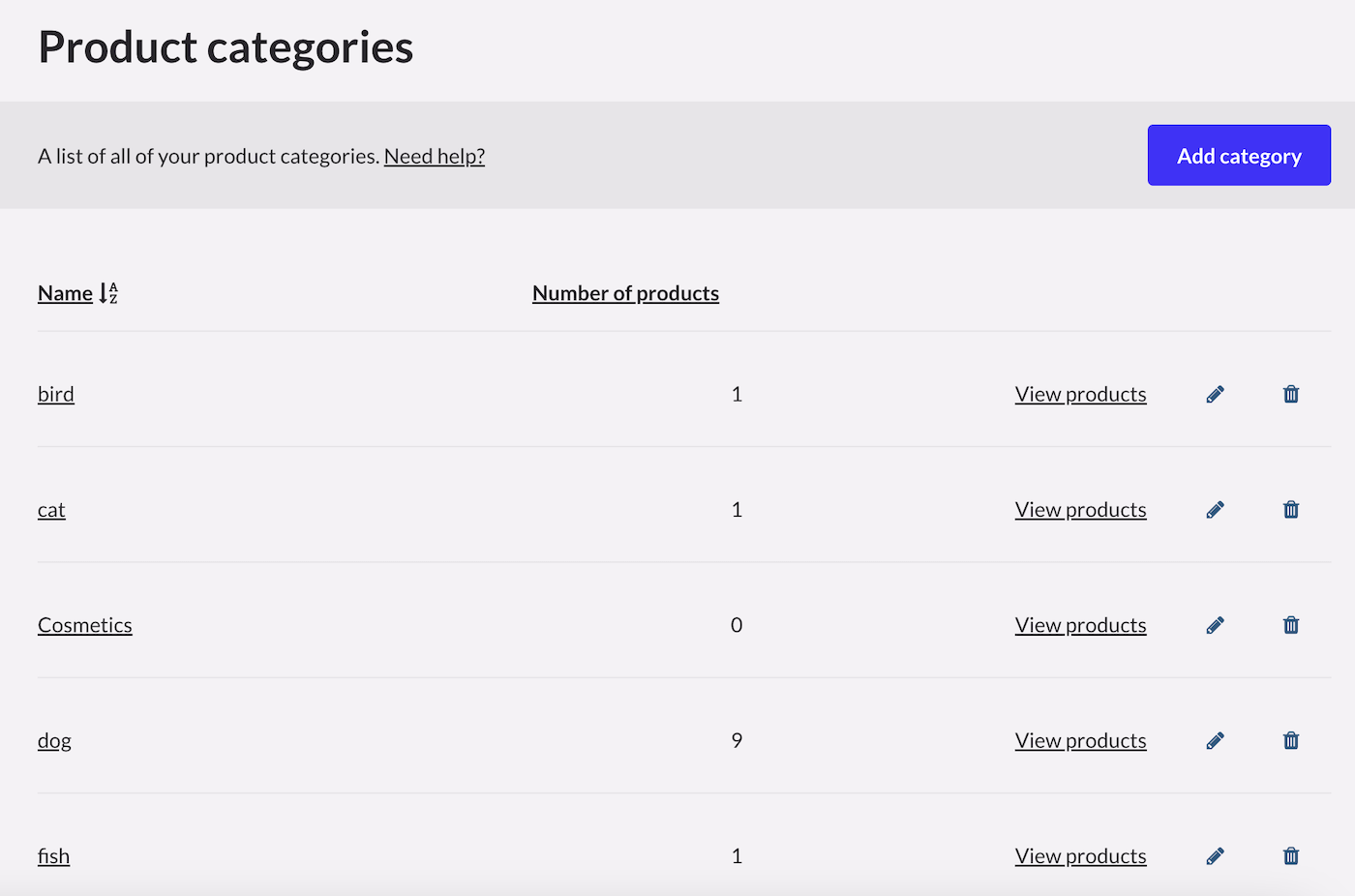 Product categories page.