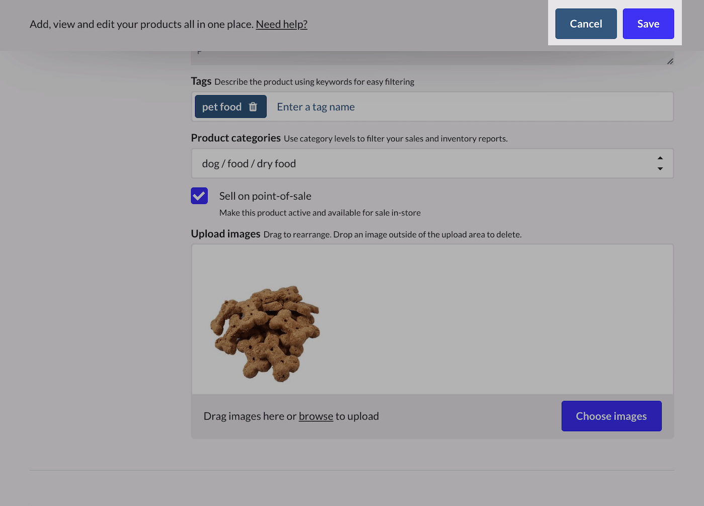 Product page with Cancel and Save emphasized.