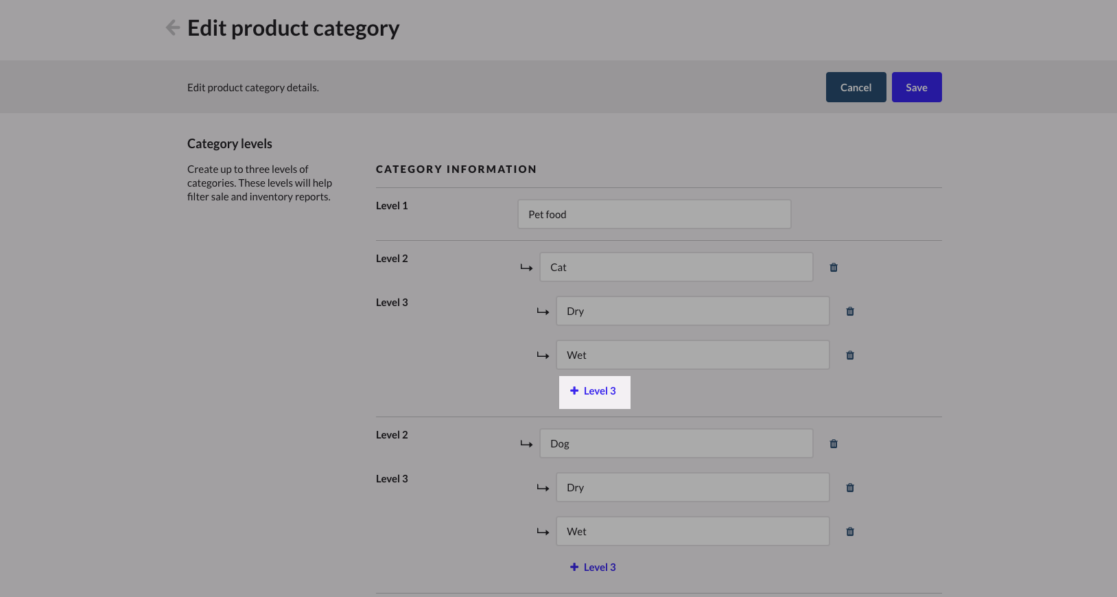 Edit product category page with option add a Level 3 category emphasized.