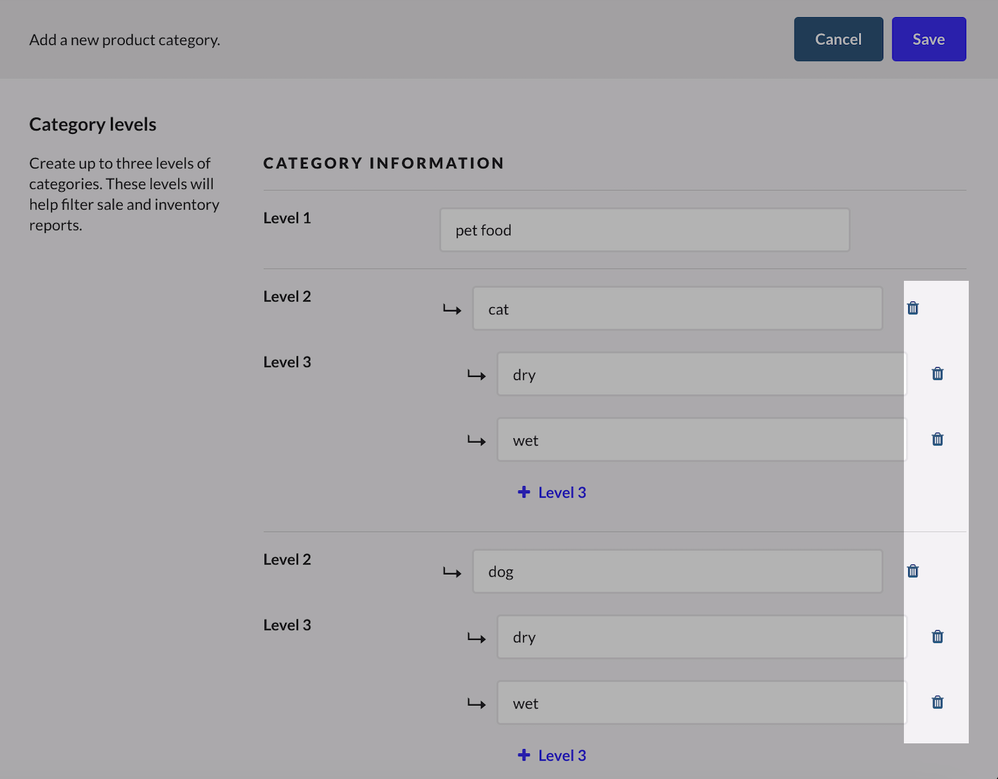Edit product category page with trash can icons emphasized.