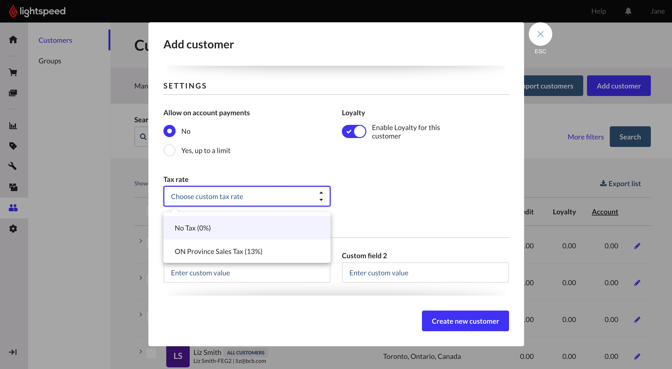 Create new customer page with tax rate dropdown highlighted.