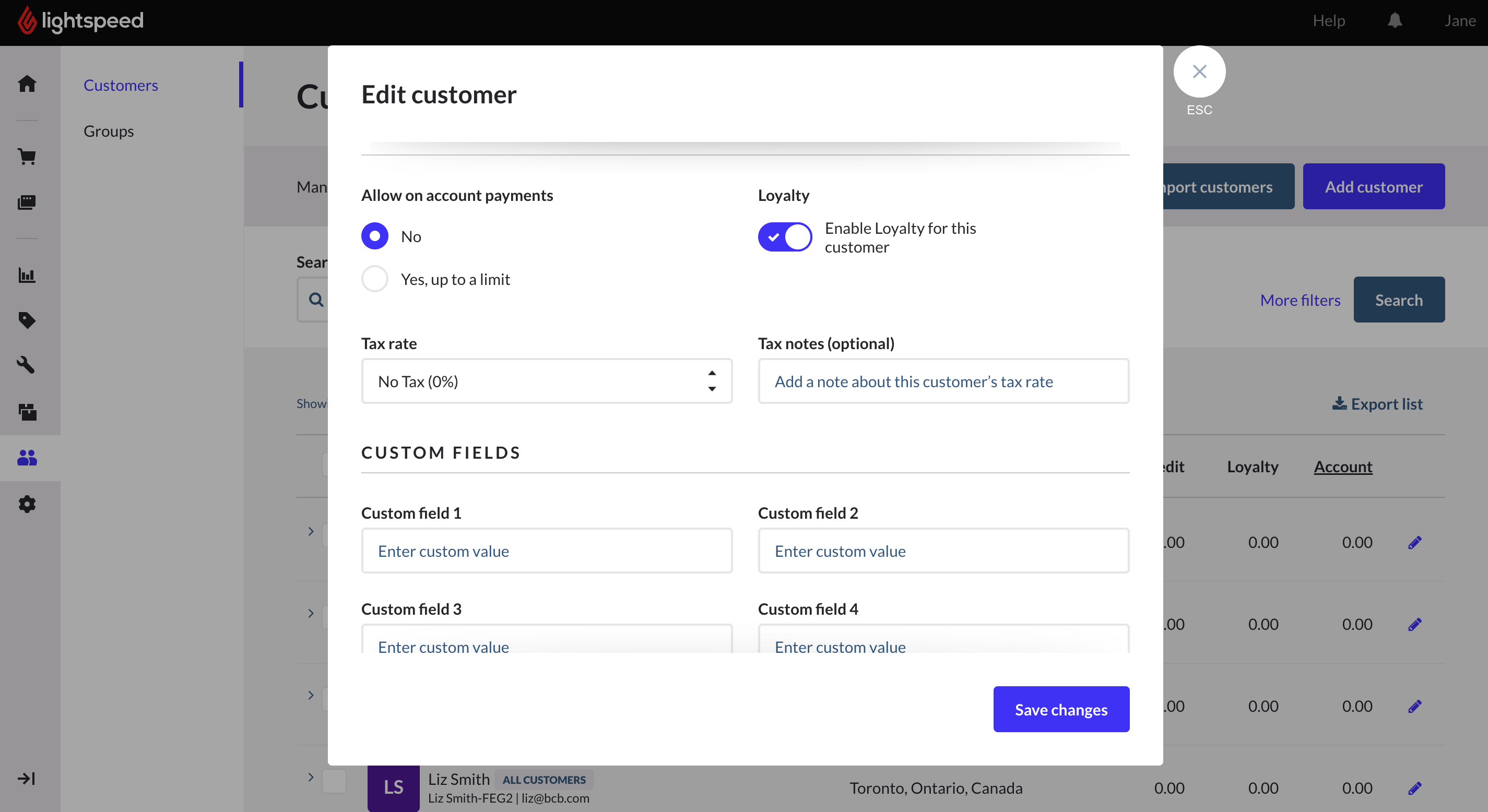 Edit customer page with tax rate and note highlighted.