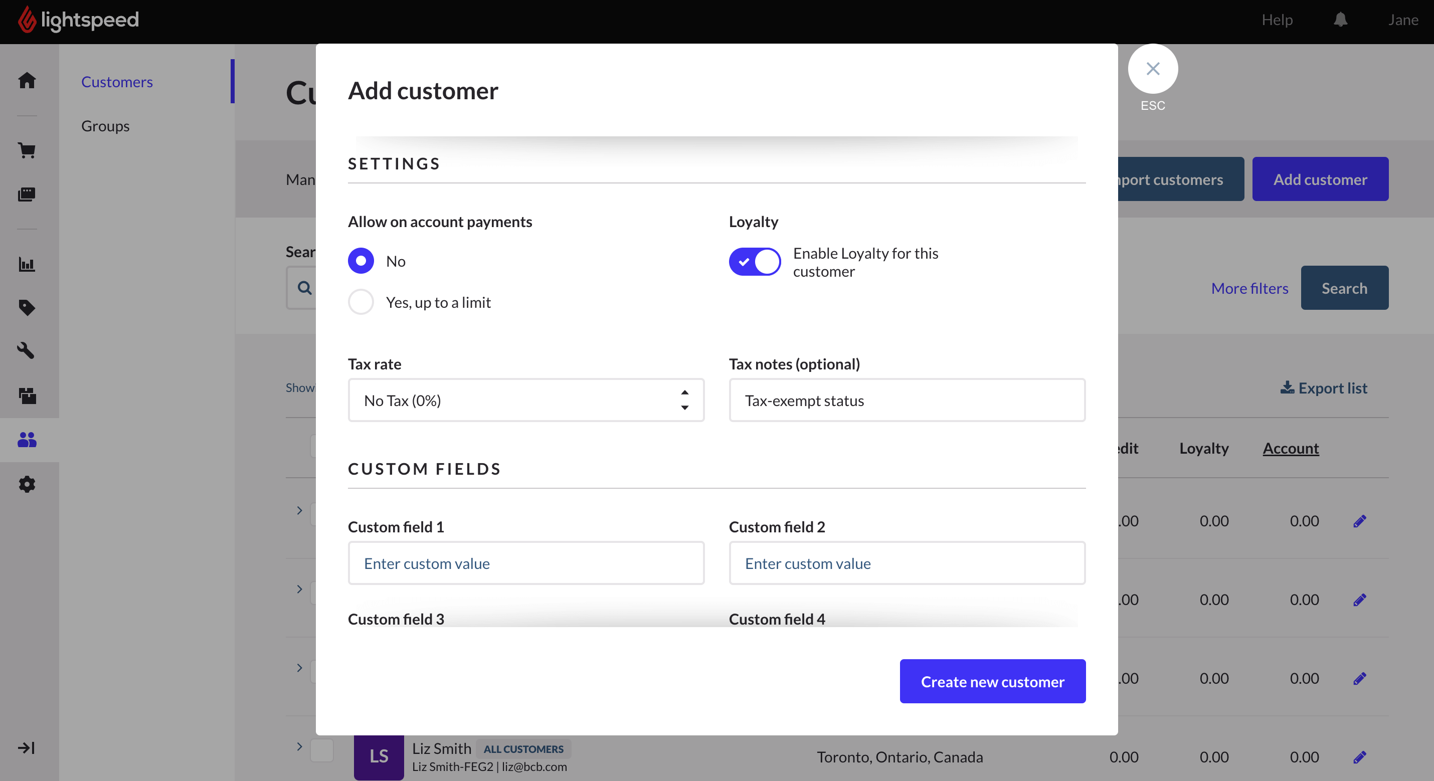 New customer page with tax rate and note filled out. Create new customer button highlighted.