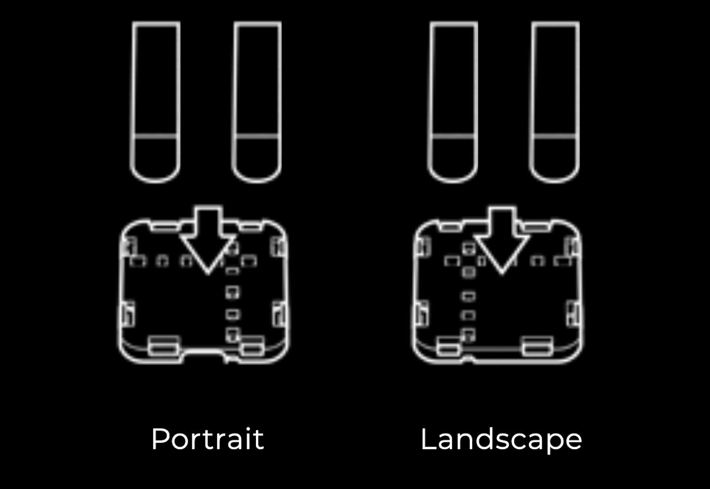 Illustration of Universal Stand tablet connector plate with adhesives lined up according to if the tablet will be displayed in portrait or landscape mode.