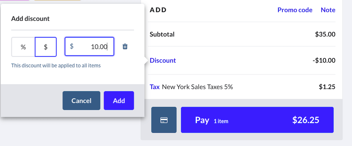 Fenêtre Ajouter une réduction, avec le montant de réduction fixe à appliquer à la vente.