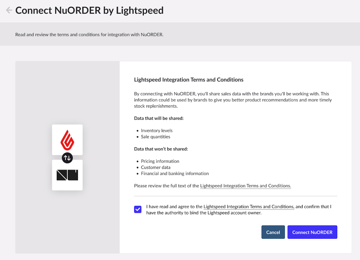 Venster met algemene voorwaarden voor Lightspeed-integraties.