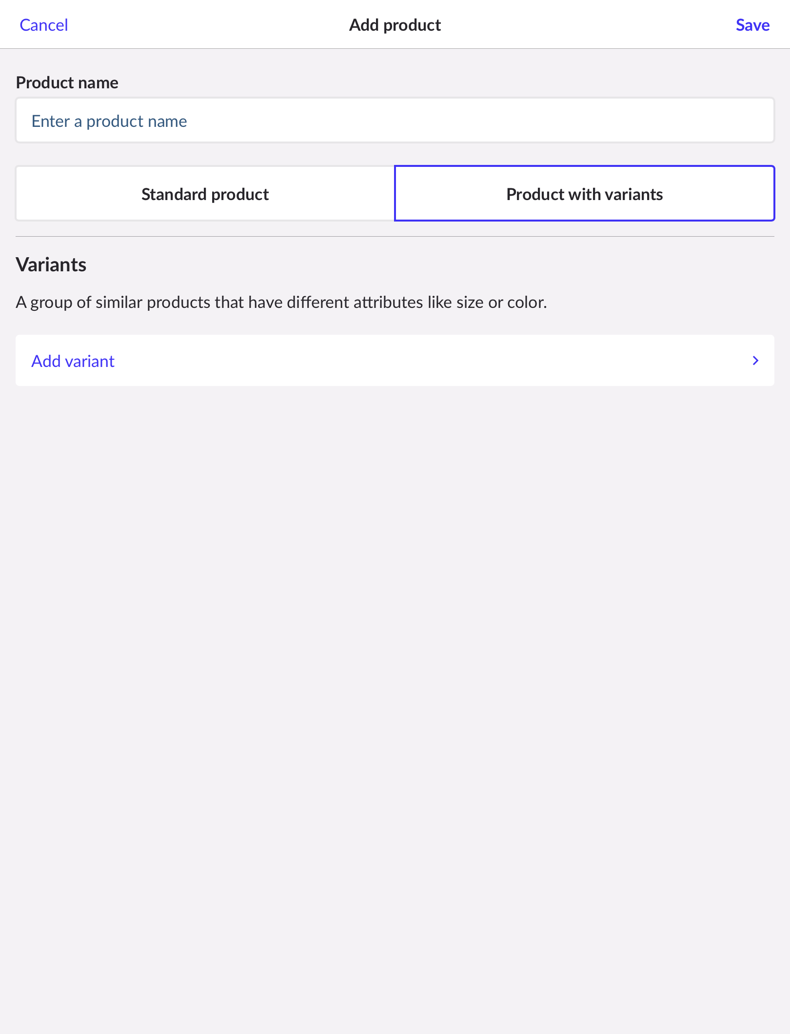 Écran Ajouter un produit, avec le type Produit à variantes sélectionné.
