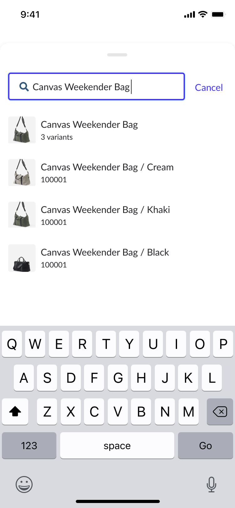 Fenêtre montrant une recherche de produit à modifier dans l’application Numériseur Lightspeed.