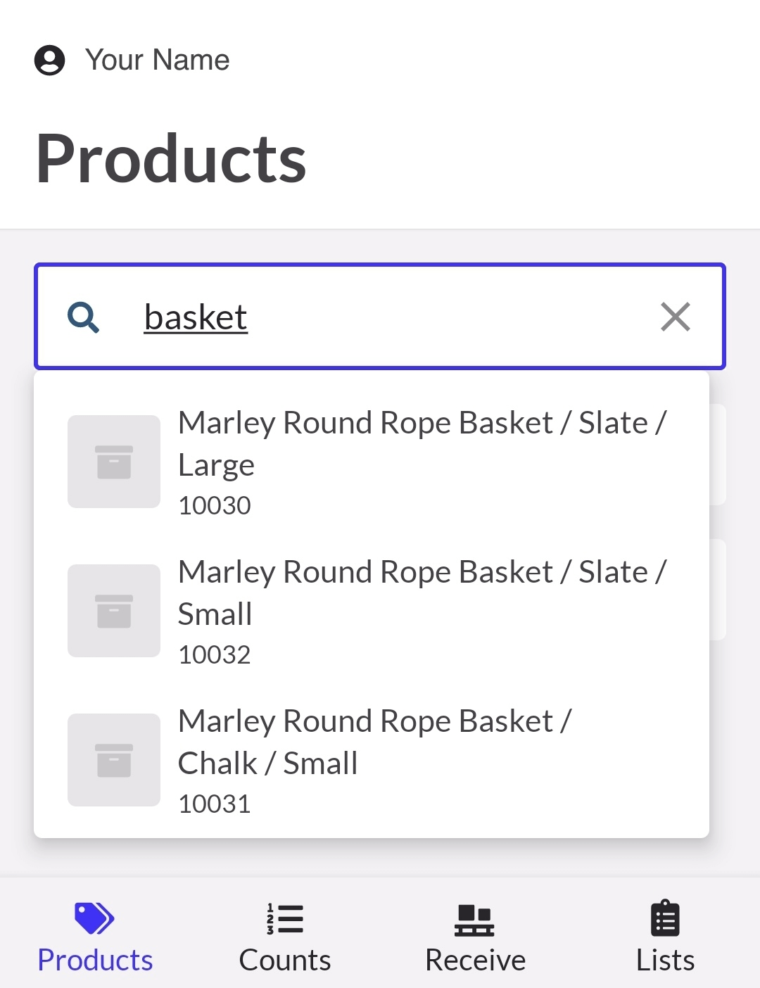 Page Produits avec un mot-clé de produit saisi dans la barre de recherche.