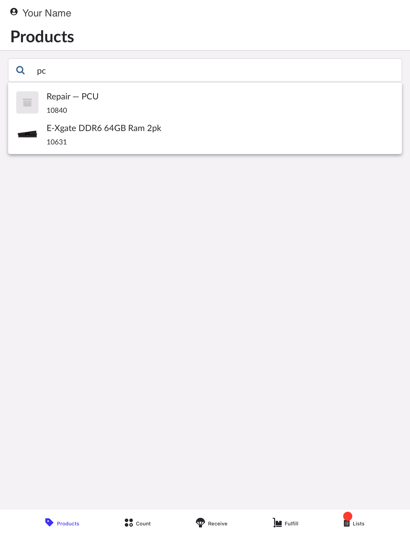 Page Produits avec la barre de recherche et les résultats correspondants.