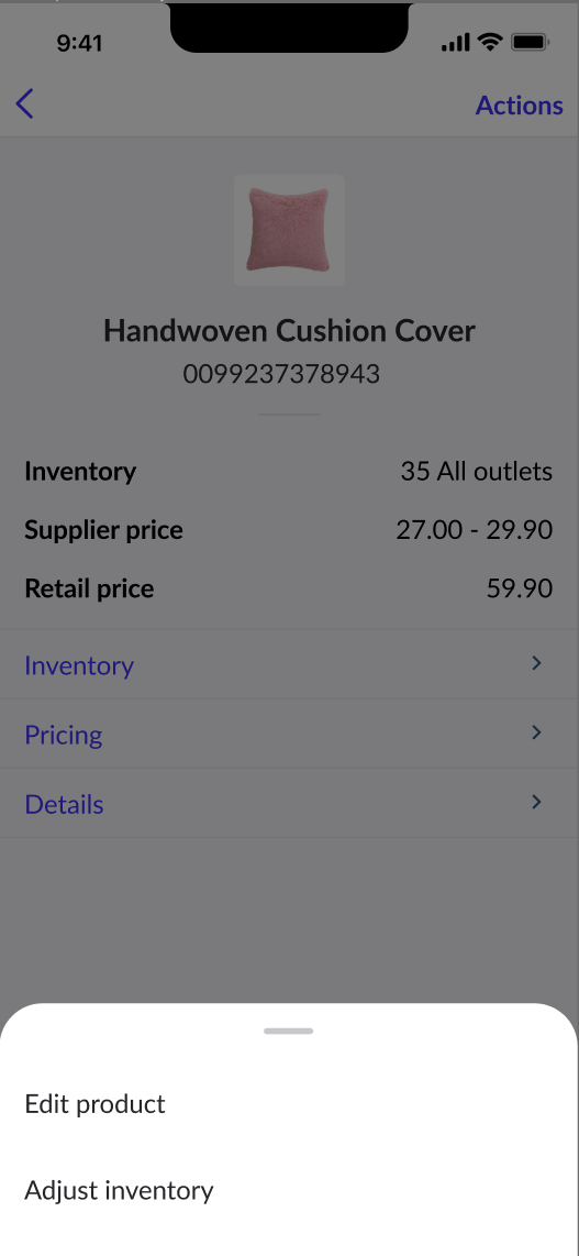 Page Produit, avec les options permettant de modifier un produit ou d’ajuster les stocks.