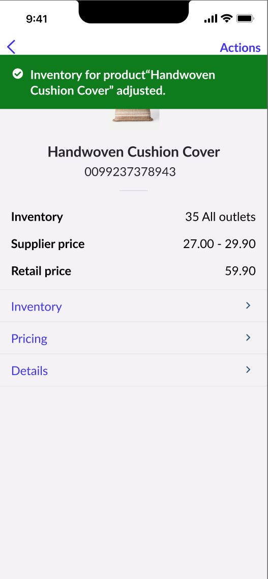 Product page with pop-up stating that product inventory has been adjusted.