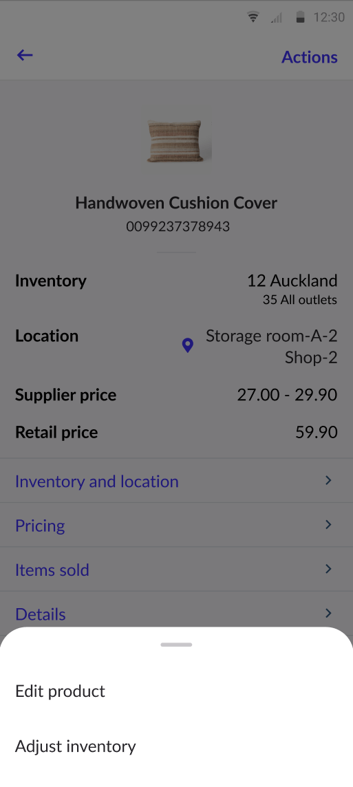 Page Produit avec les options permettant de modifier un produit ou d’ajuster les stocks.