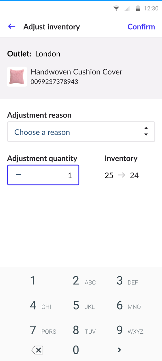Page Ajustement où la quantité à ajuster est modifiée pour réduire les stocks disponibles.