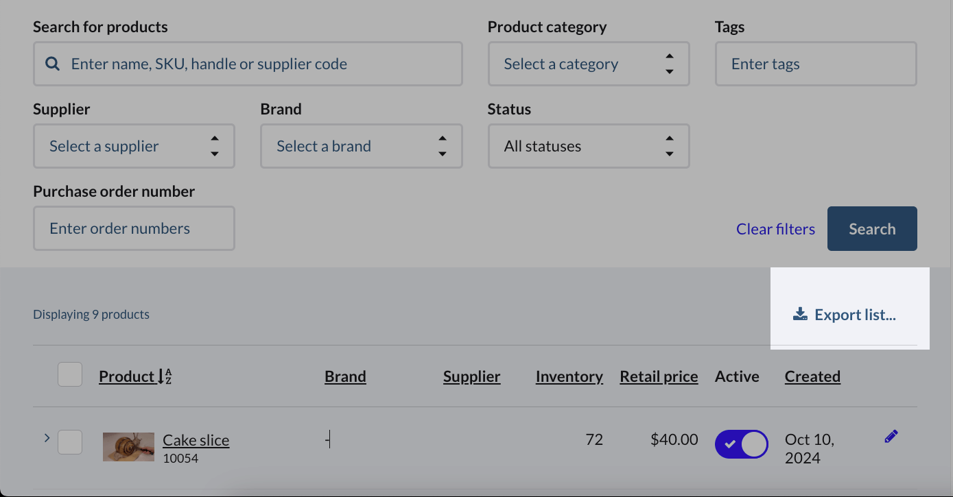 Page Produits, sur laquelle le bouton Exporter la liste est mis en surbrillance.