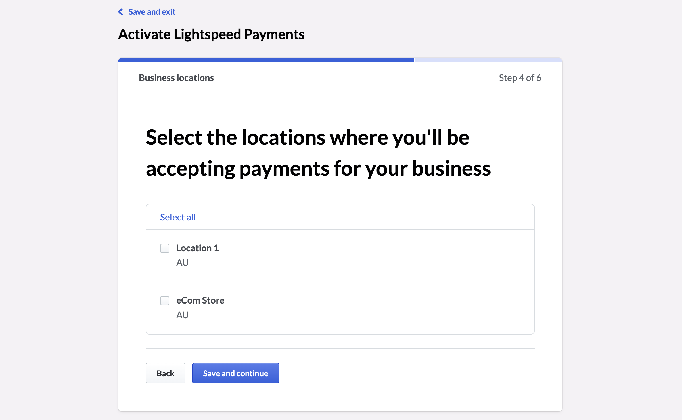 Fenêtre de sélection des établissements à inscrire à Paiements Lightspeed