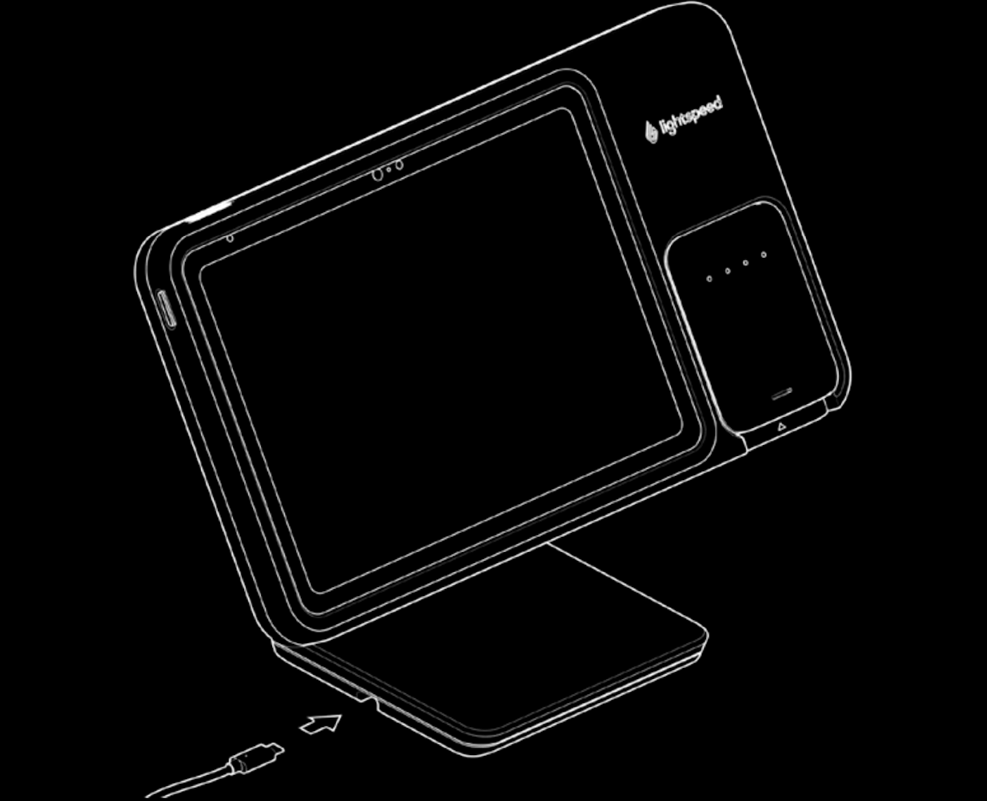 Illustration représentant le Support Lightspeed avec dispositif de paiement intégré, le câble USB-C est branché sur la gauche du socle.